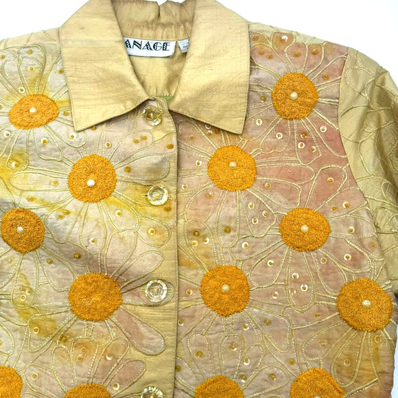 ANAGE |‎ Vintage Women's XS Silk Yellow Floral Jacket Blazer Beaded Embroidered - Picture 1 of 14